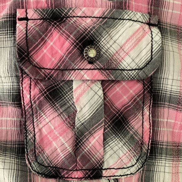 Harley Davidson Button-Down Plaid Shirt Button/Cuffed Sleeves Pink/Black/White - Picture 13 of 14